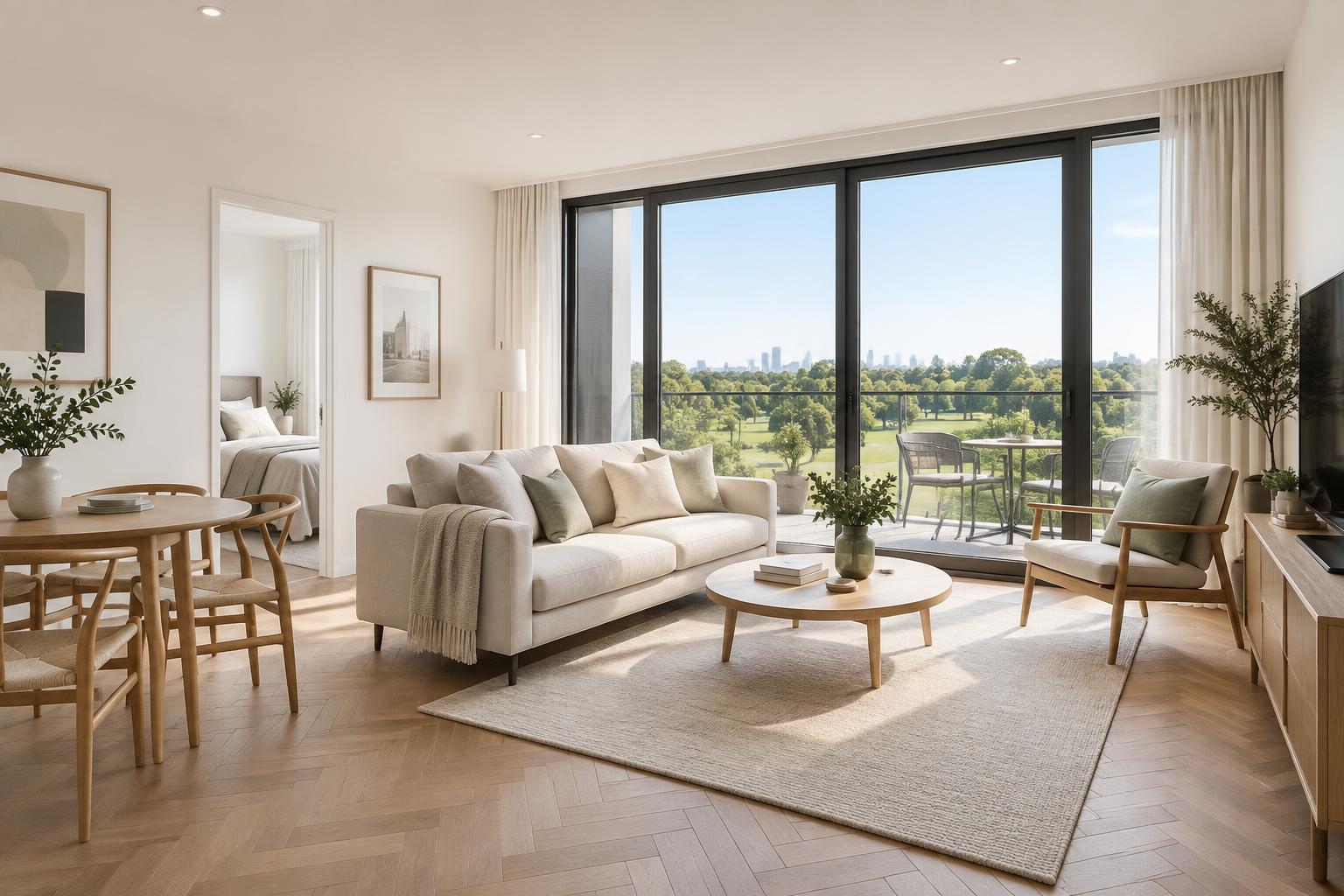 Living and dining area of the two-bedroom residence at One Herăstrău Park, with park view
